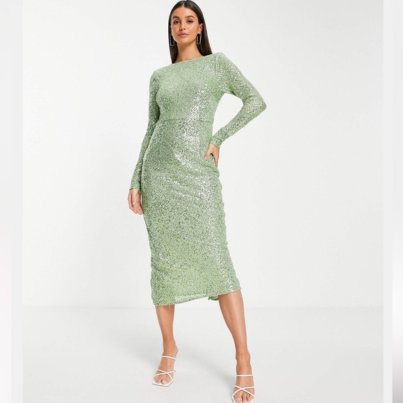 ASOS DESIGN Tall embellished sequin pencil midi dress Green Size size US 12 - Picture 2 of 14